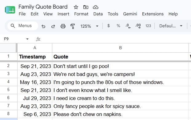 Google Sheets titled Family Quote Board listing family quotes with dates, such as “Don't start until I go poo!” and “Only fancy people ask for spicy sauce.”