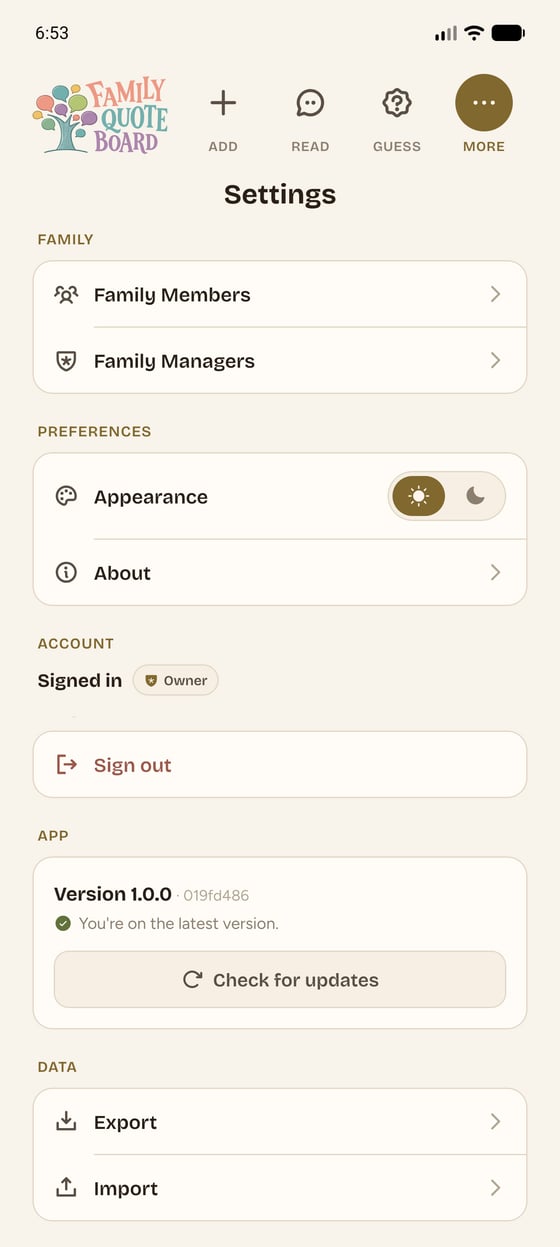 Family members and invite settings in the app